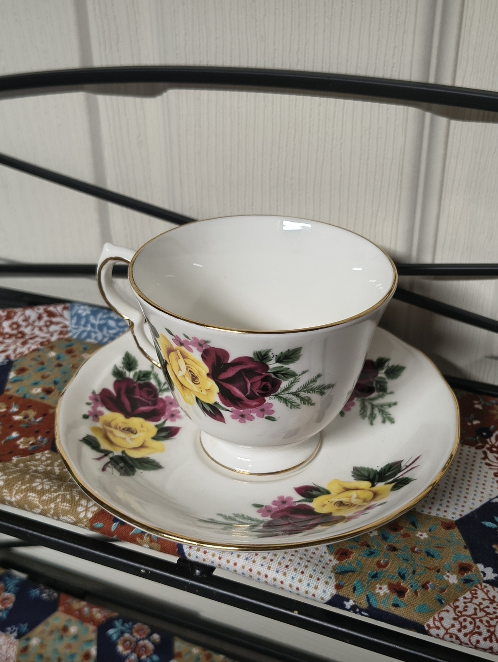 Queen Anne Floral Bone China Teacup and Saucer -with Yellow & Pink Roses